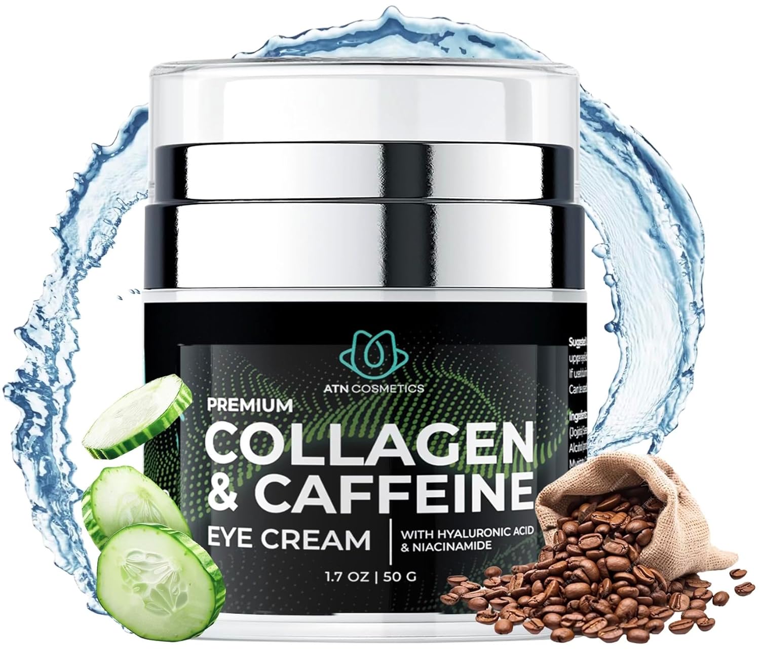 Caffeine Eye Cream, Collagen Eye Cream for all skin types, For Wrinkles & Dark Circles, and Puffiness, Infused with Hyaluronic Acid & Niacinamide, 1.7 OZ / 50 G