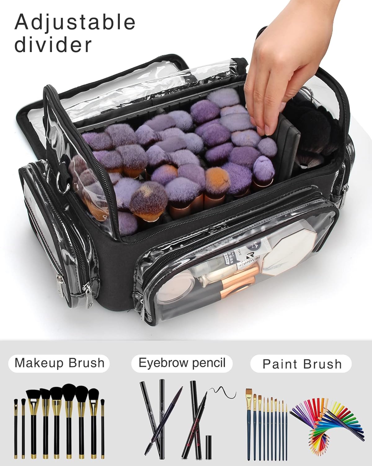 Extra Large Makeup Brush Holder Case with Stand Up Slots and Adjustable Travel Strap - Image 4