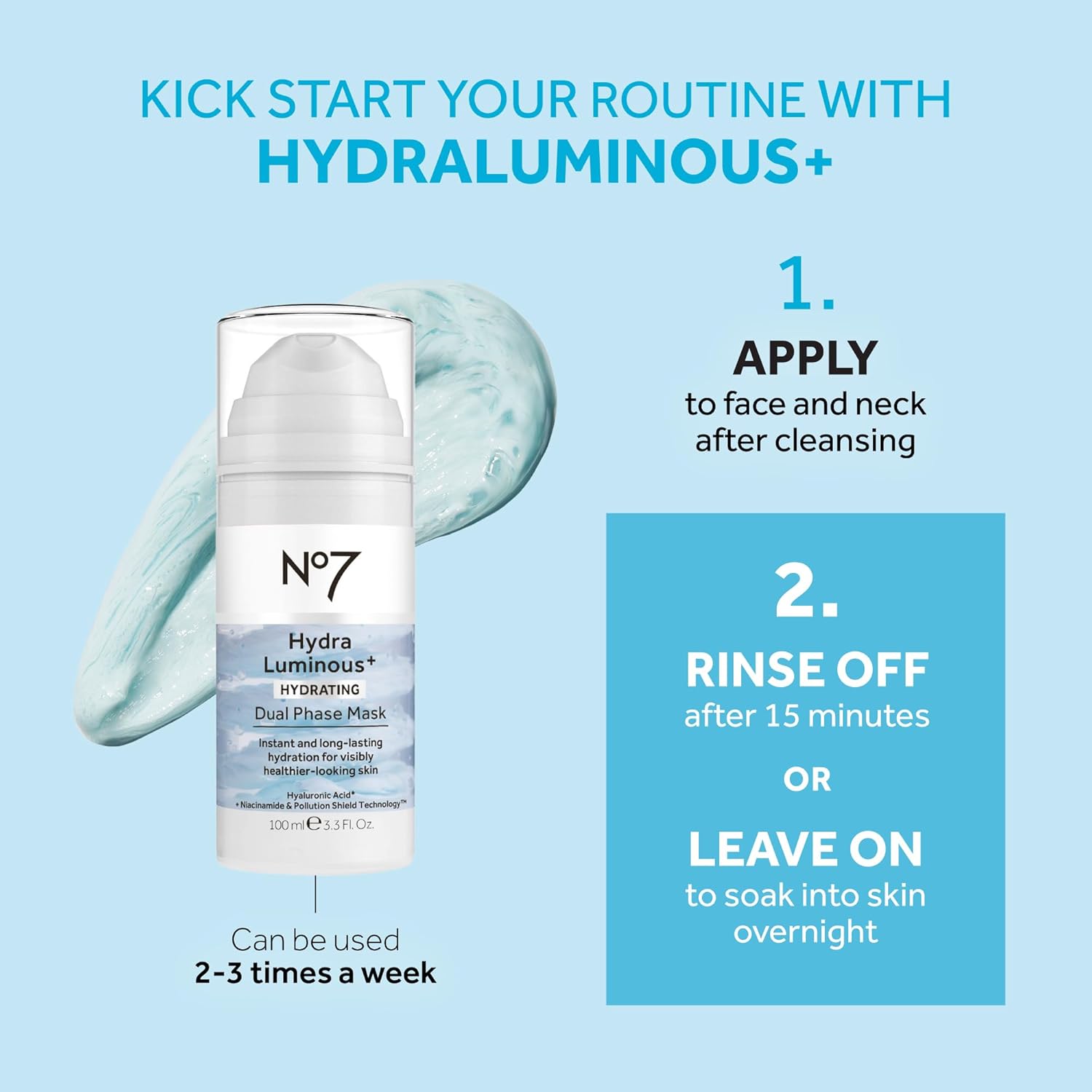 No7 HydraLuminous+ Dual Phase Face Mask Hyaluronic Acid Vitamin B3 3.5 Fl Oz - Image 5