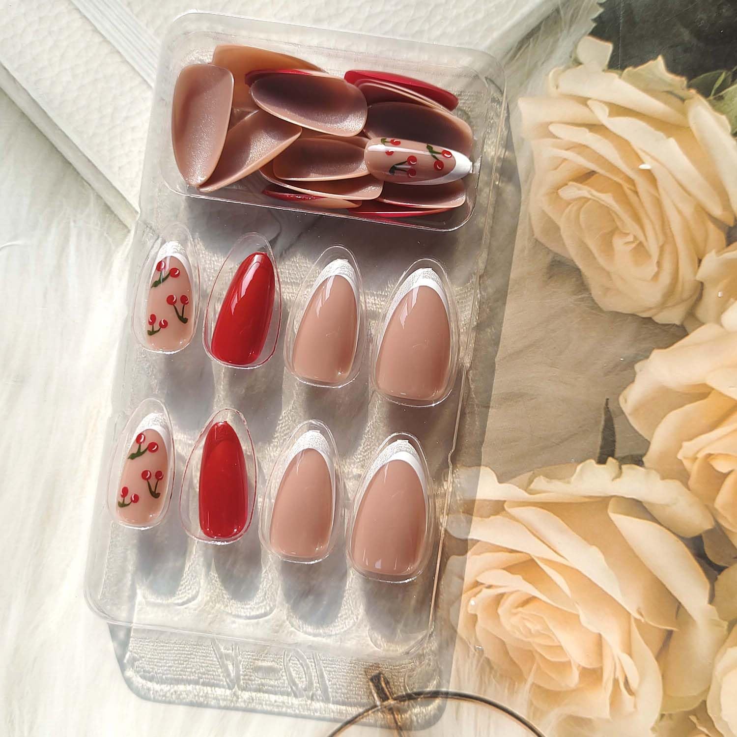 Medium Almond Glossy Pink Cherry French Tip Press On Nails Set - Image 3