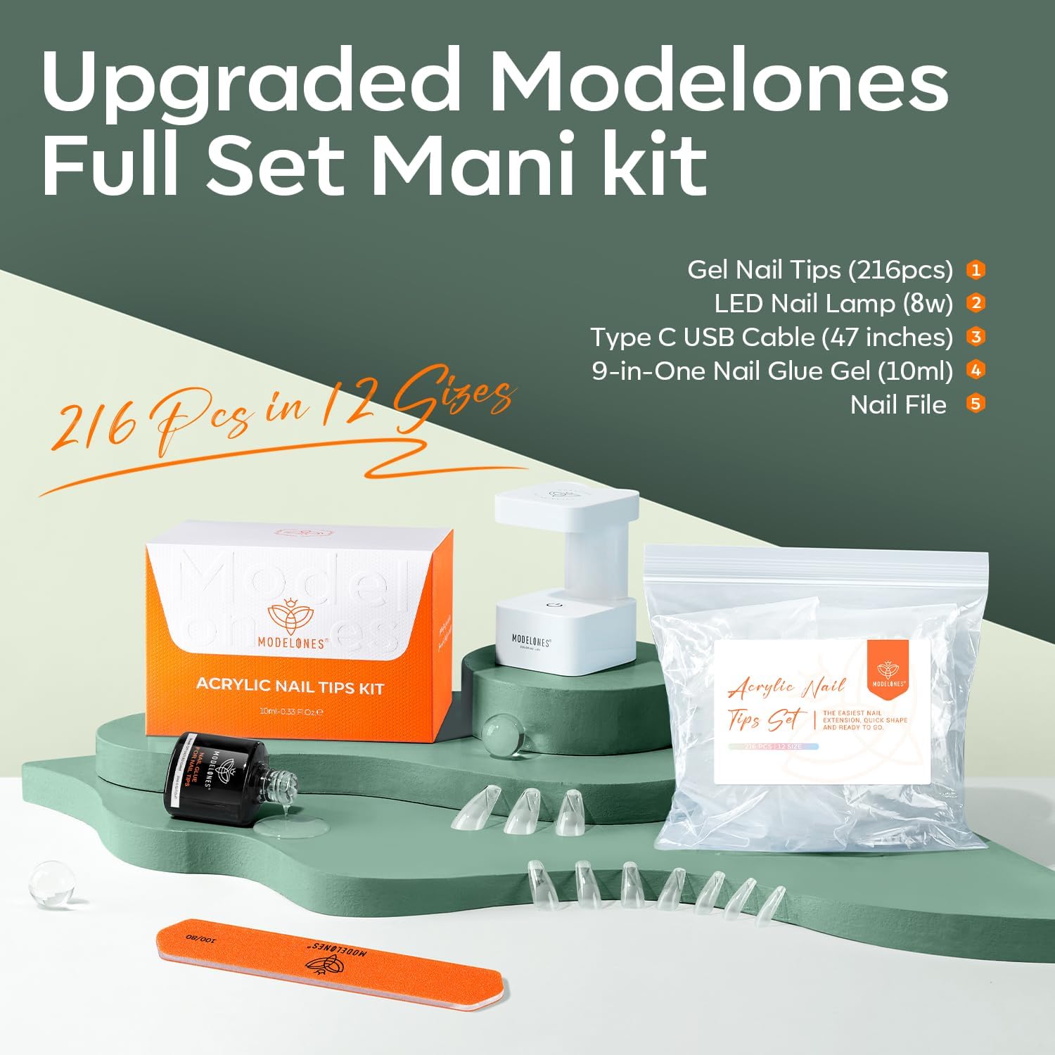 Modelones 216 Piece Medium Coffin Gel Nail Kit with UV Lamp, 12 Sizes for DIY Nail Art - Image 6