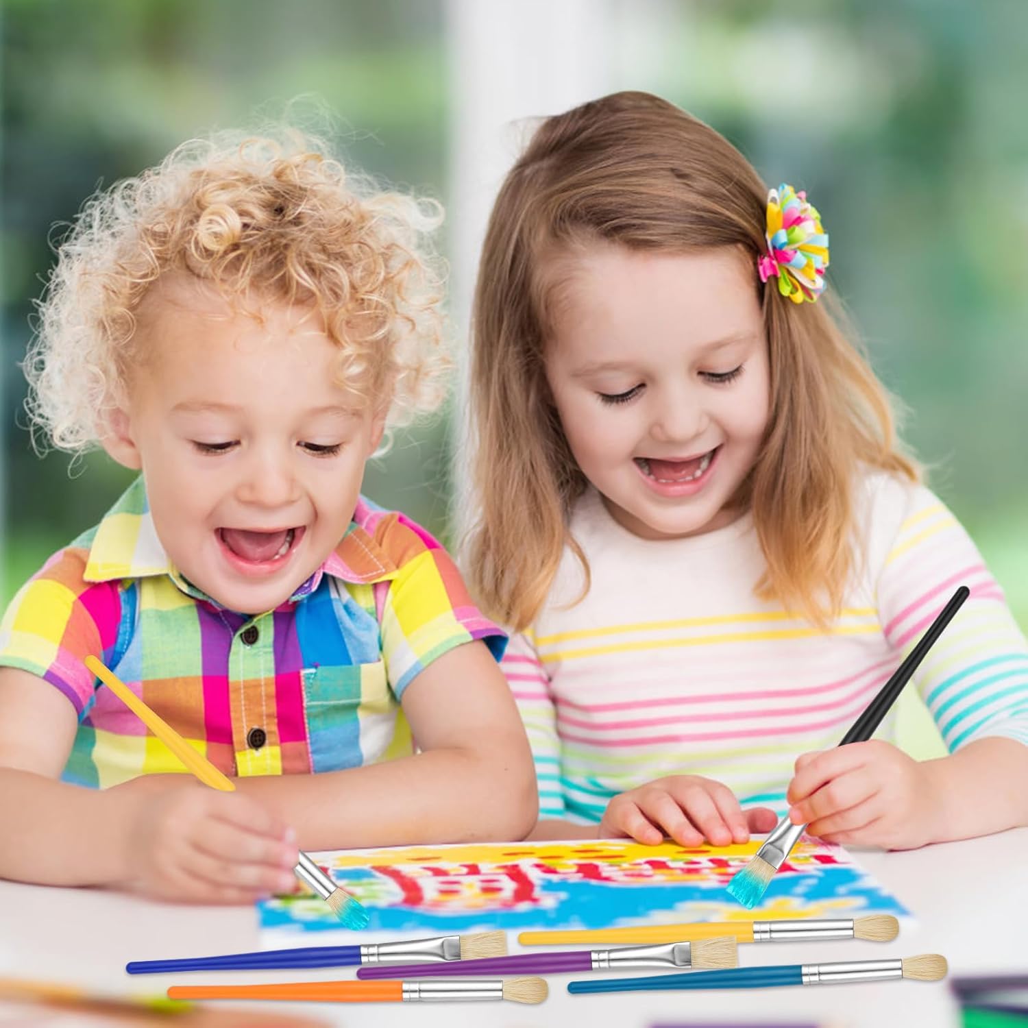 YGAOHF 10pc Kids Paint Brush Set, Round & Flat, Easy-Grip, For Acrylic Watercolor Oil - Image 3