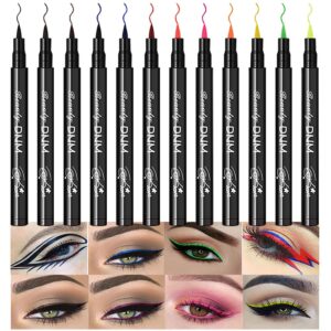 evpct 12Pcs Colors Matte Waterproof Colored Liquid Eyeliner Colorful Set Rainbow Colorful Neon Winged Eyeliner Stamp Shapes delineador de ojos de colores Red Orange Pink Black Blue Liquid Eye Liners