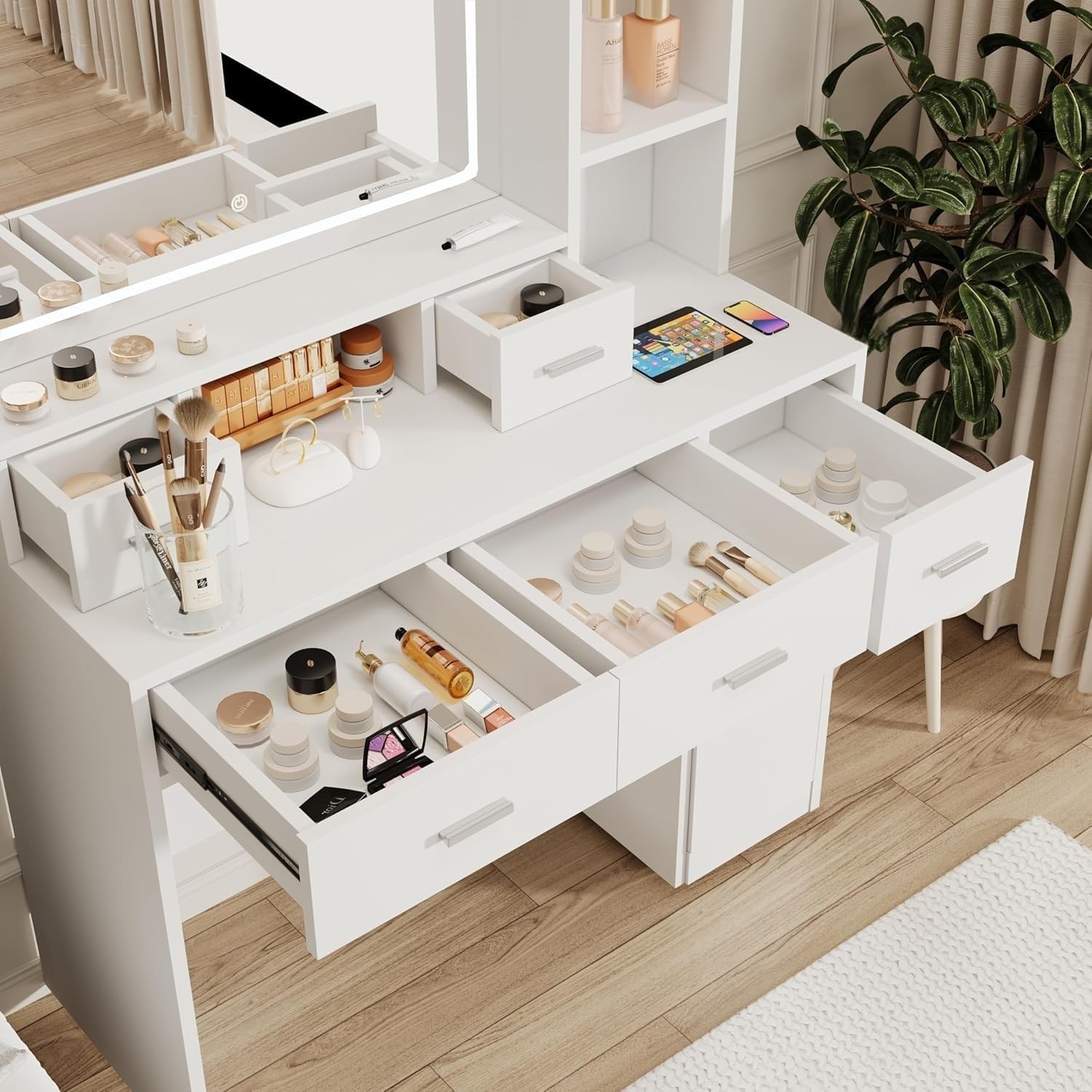 Vanity Desk with Mirror and Soft Lighting, Makeup Vanity with Drawers for Bedroom (White) - Image 3