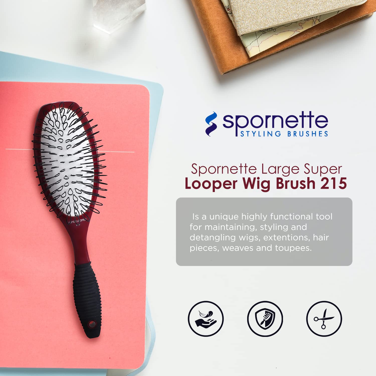 Spornette Super Looper Wig Brush with Cushioned Nylon Bristles for Wigs and Extensions - Image 2