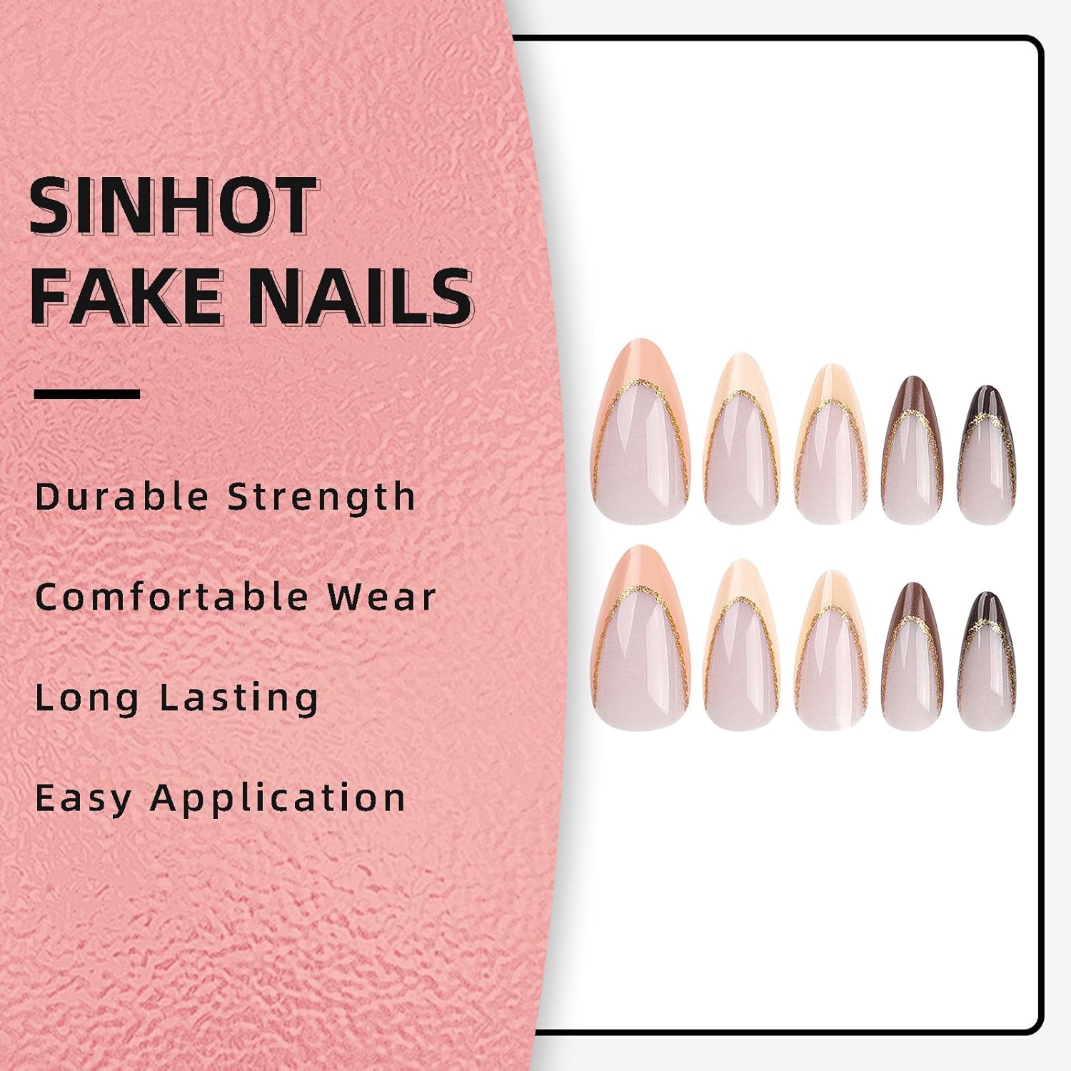 SINHOT Medium Almond Stiletto Press On Nails 24 pcs Yellow Brown Glossy Glitter - Image 5