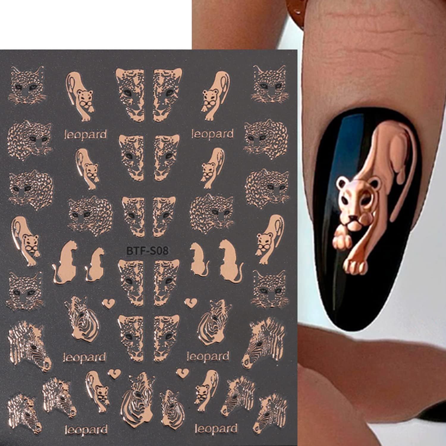 Rose Gold Nail Art Stickers Set - Leopard, Butterfly, Moon, Stars, Heart Designs - Image 3