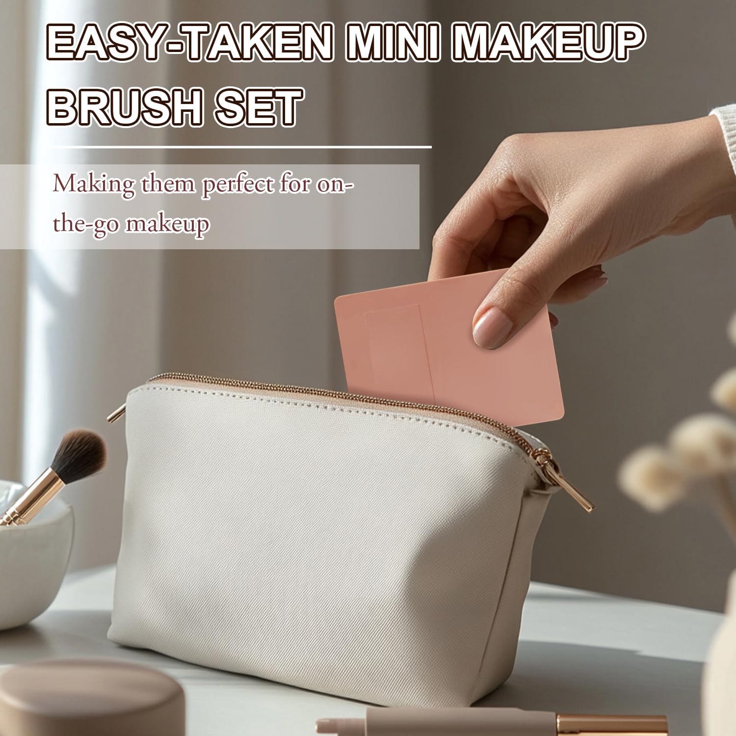 Travel Makeup Brush Set with Case, 5 Mini Professional Brushes and Mirror in Pink - Image 3