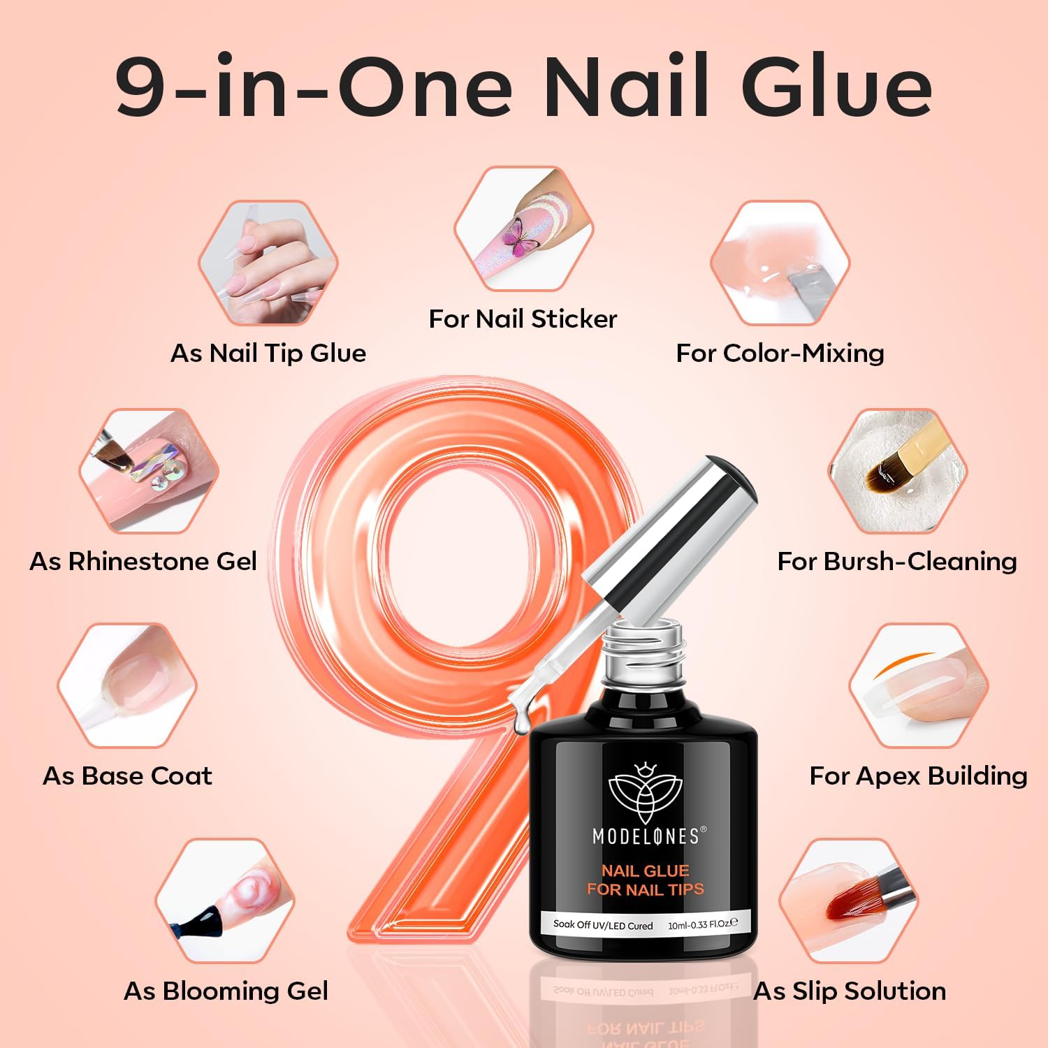 Modelones Medium Square Gel Nail Kit 216 Tips, 9-in-One Glue, and UV Lamp - Image 2