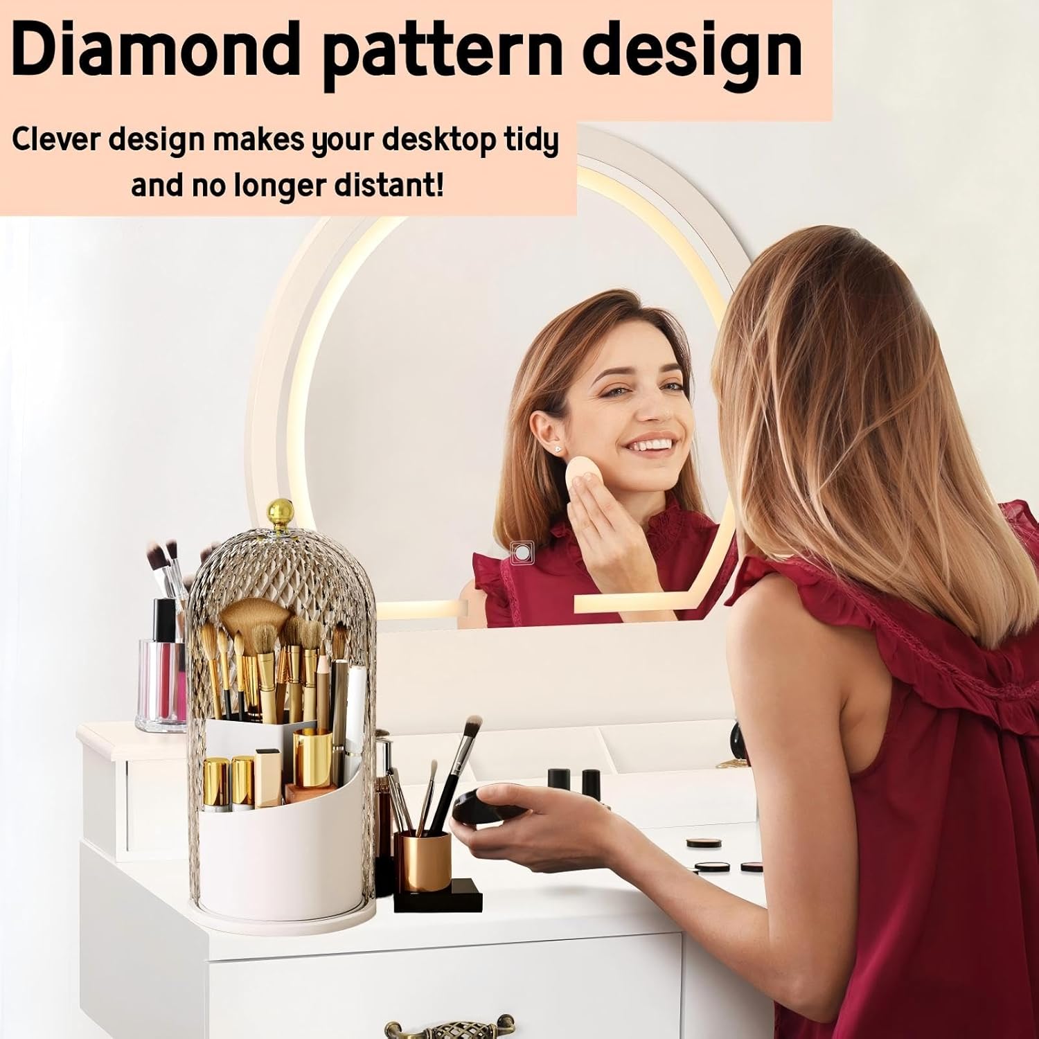 White 360 Rotating Makeup Brush Holder with Lid, Waterproof Vanity Storage Box - Image 3