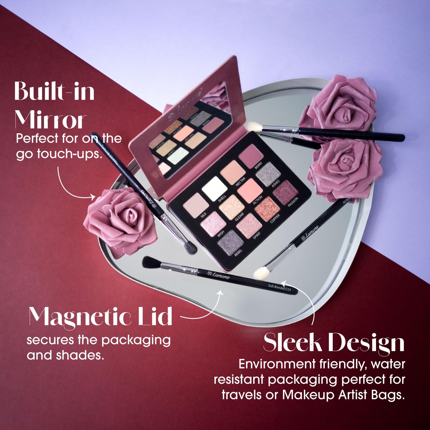 Lamora Nude Pink Eyeshadow Palette 12 Rose Pigmented Shimmer Matte Shades Compact Mirror - Image 2