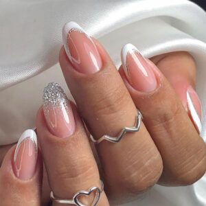 Silver Glitter French Tip Press on Nails Short Almond Fake Nails with Silver Glitter Gradient Design White French Tip False Nails Sparkling Glue on Nails Artificial Stick on Nails for Women Girls