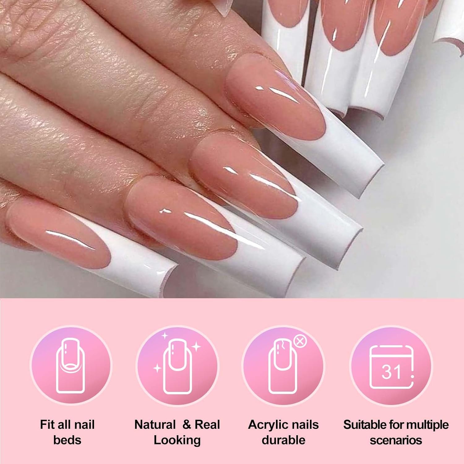 Long White Glossy Square French Tip Press on Nails Full Cover 120 Pcs Manicure Kit - Image 5