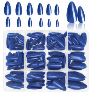 LoveOurHome 240pc Almond Press on Nails Medium Length Blue Fake Nail Tips Full Cover Artificial Fingernail French Short Stiletto Glue Nail Press ons with Adhesive Tabs for Women Girls