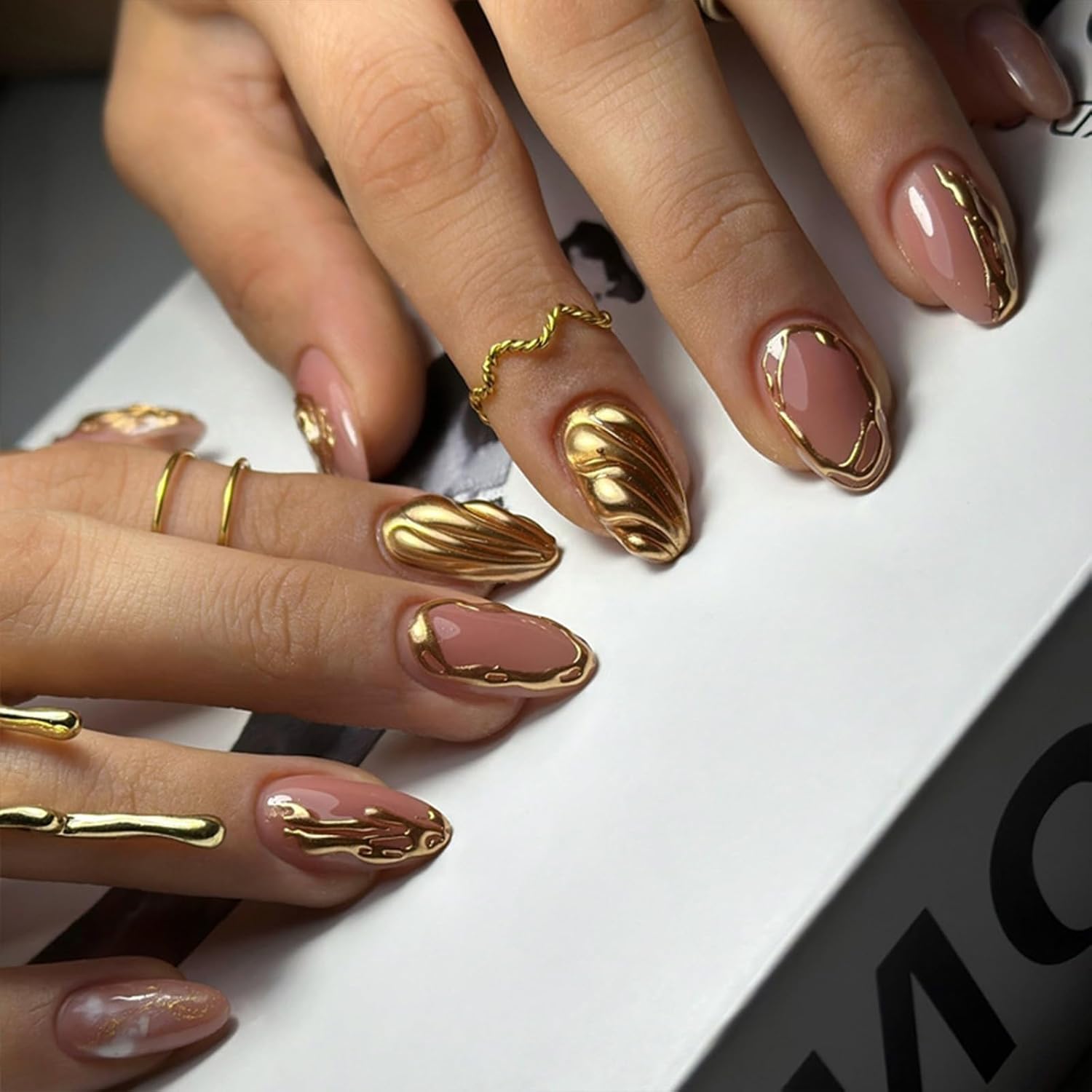 Almond Medium 3D Gold Chrome French Tip Press on Nails for Women - Image 2