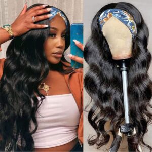 Beauty Forever Headband Wig Human Hair Wigs Body Wave Glueless Human Hair Wig With Pre-attached Scarf Non Lace Wigs for women Wear and Go Wig No Glue No Sew In Natural Color 150% Density 24 Inch