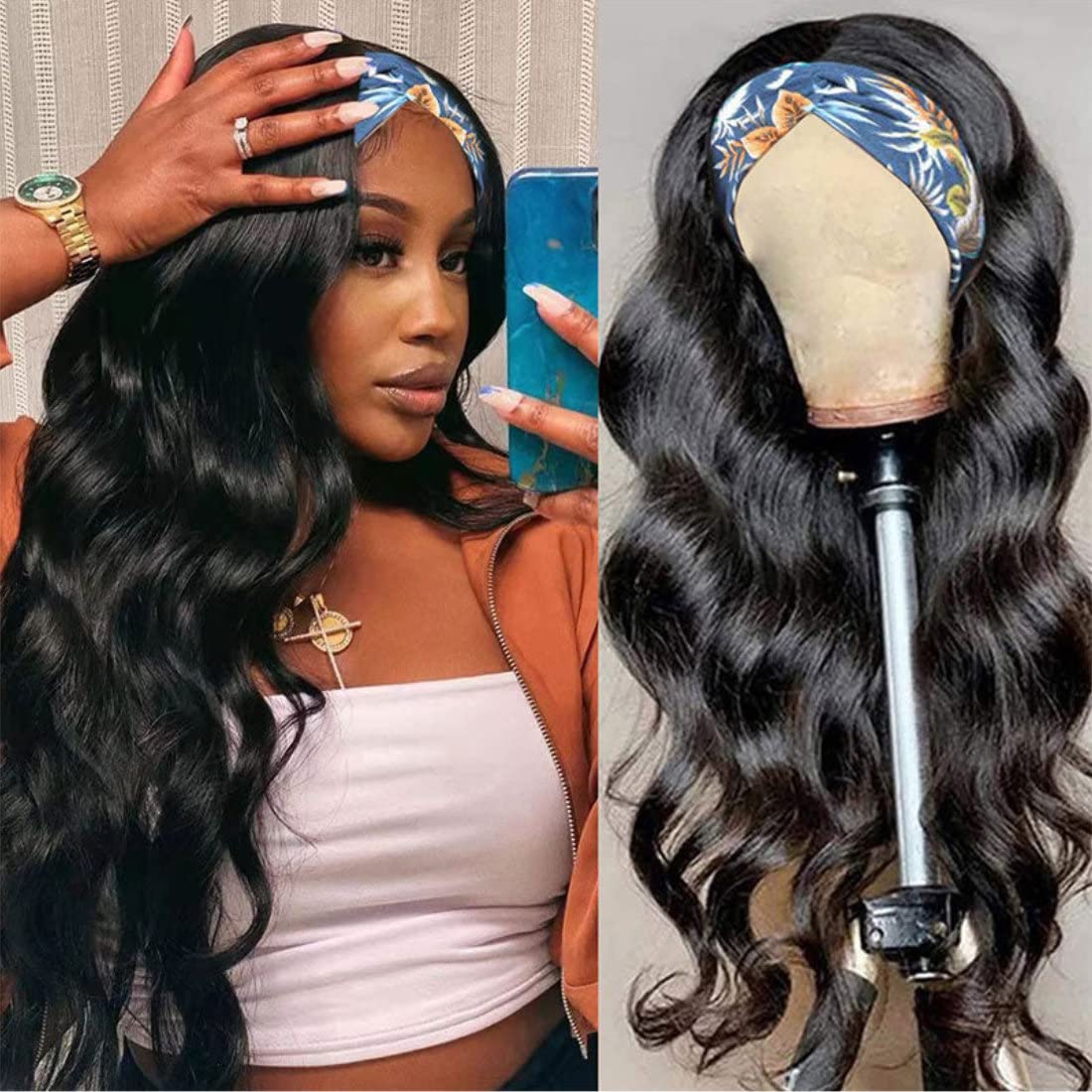 Beauty Forever Headband Wig Human Hair Wigs Body Wave Glueless Human Hair Wig With Pre-attached Scarf Non Lace Wigs for women Wear and Go Wig No Glue No Sew In Natural Color 150% Density 24 Inch