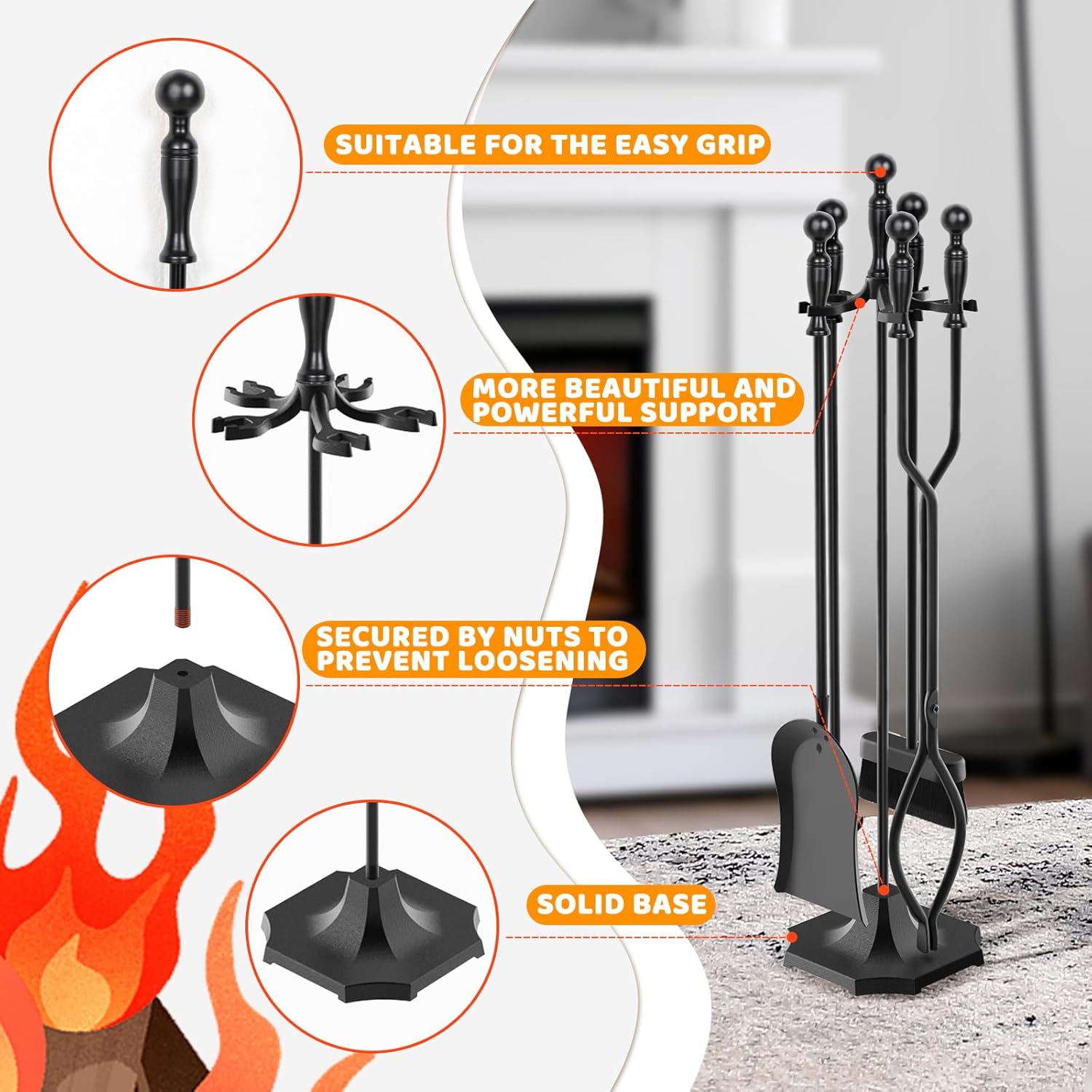 31 Inch 5-Piece Wrought Iron Fireplace Tool Set Ergonomic Handles Indoor Outdoor Use - Image 6