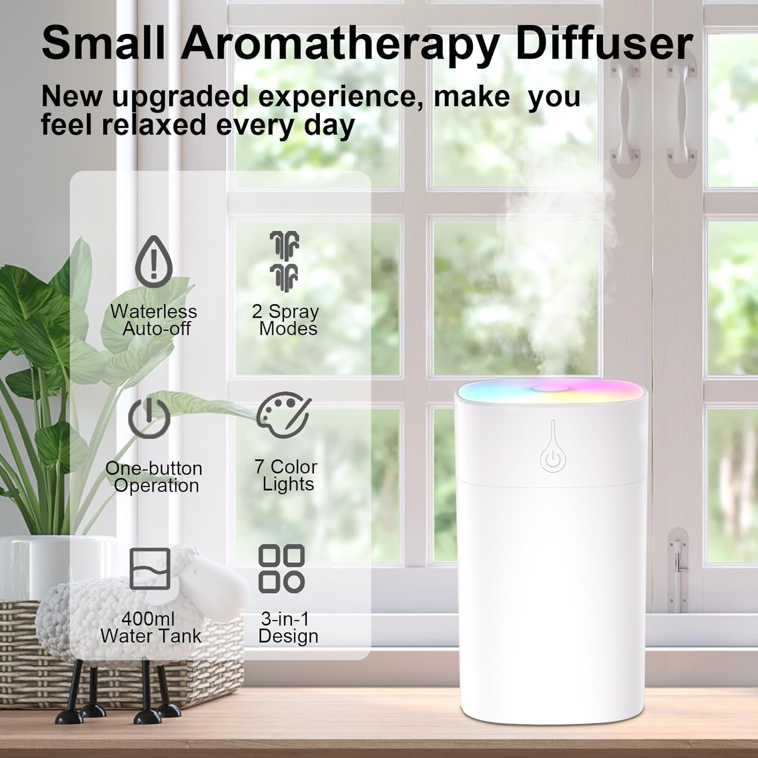 Compact 400ml Essential Oil Diffuser for Home, Whisper Quiet Aromatherapy Humidifier with Ambient Color Light - Image 3