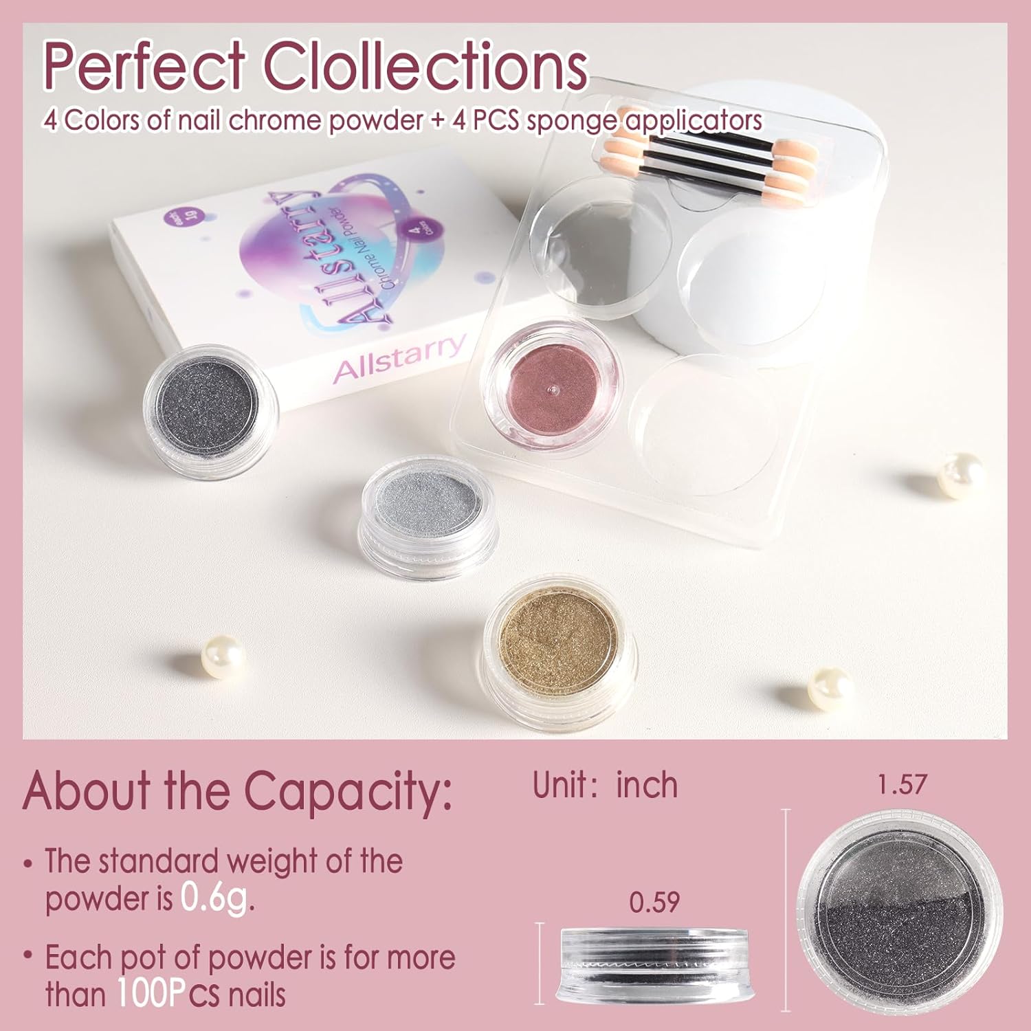 Allstarry 4-Color Metallic Chrome Nail Powder Set - Gold, Silver, Pink Holographic Glitter - Image 7
