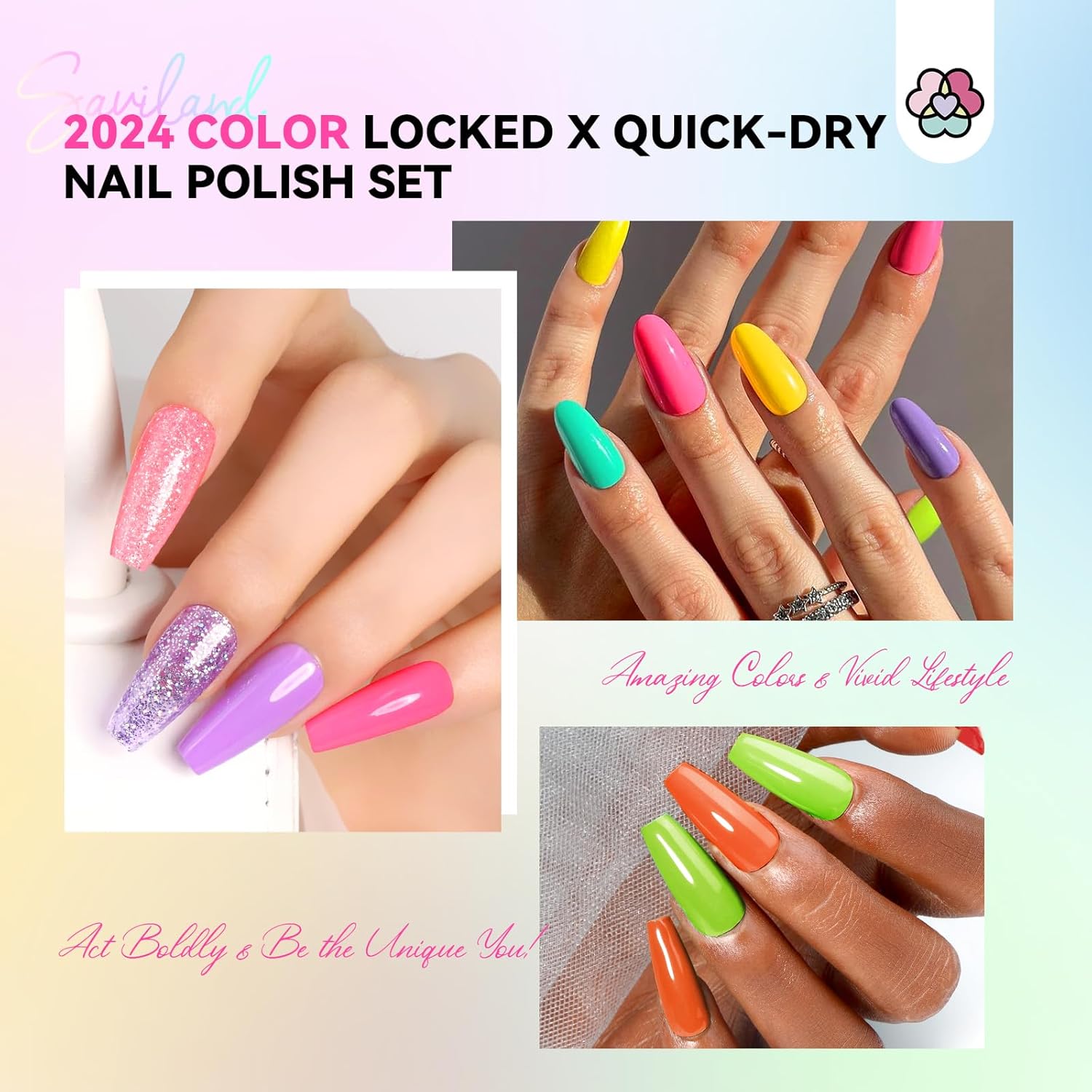 Saviland 20pc Quick-Dry Neon Nail Polish Set with Castor Oil & Top Coats - Image 4