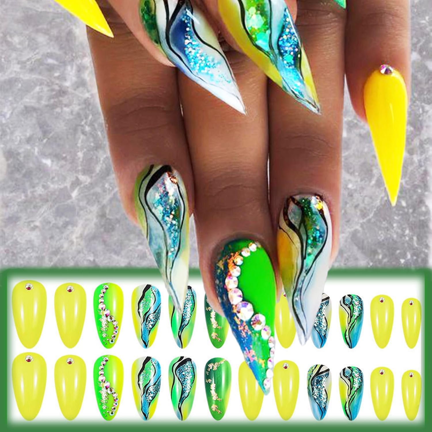 Glossy Green Gradient Medium Almond Marble Press On Nails 24Pcs with Rhinestones - Image 3