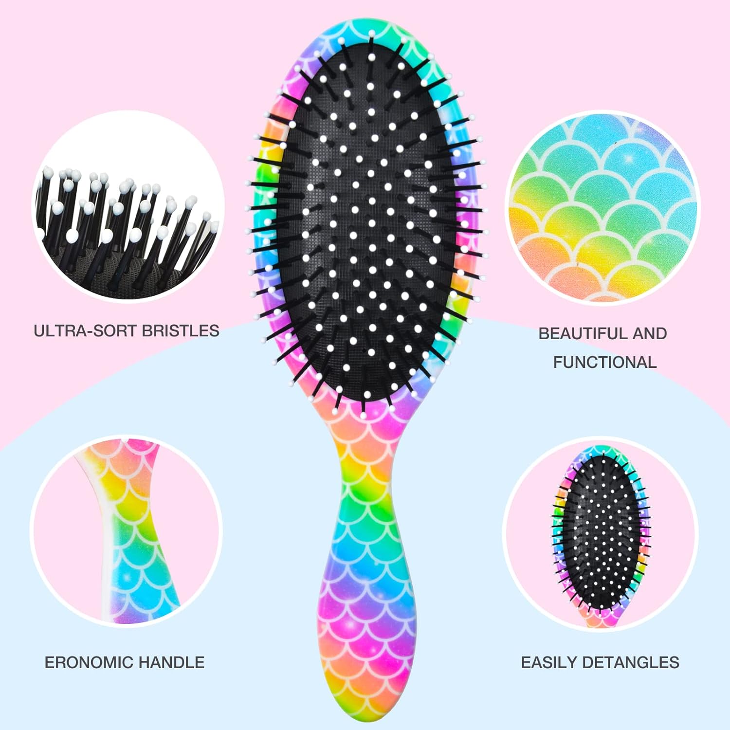 Rainbow Mermaid Detangling Hair Brush for Girls and Women, Wet/Dry Comb for All Hair Types - Image 4