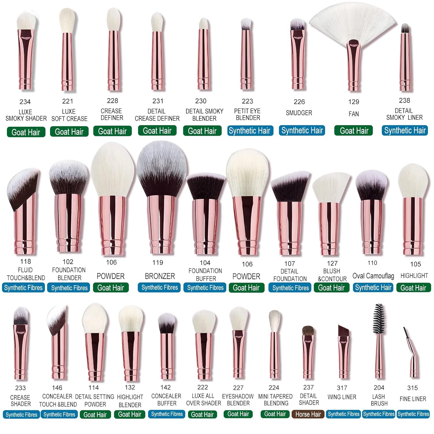 Bueart Design 32-Piece Luxury Goat and Horse Hair Makeup Brush Set Pearl White - Image 3