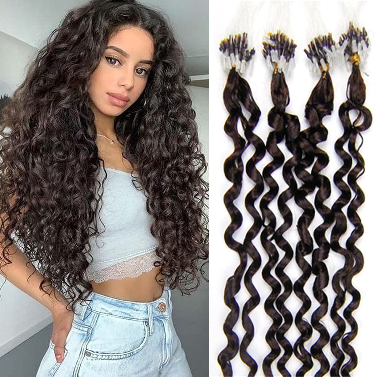 Micro Link Curly Hair Extensions Micro Ring Beads Loop Tip Real Remy Human Hair Dark Brown 20inch 100s