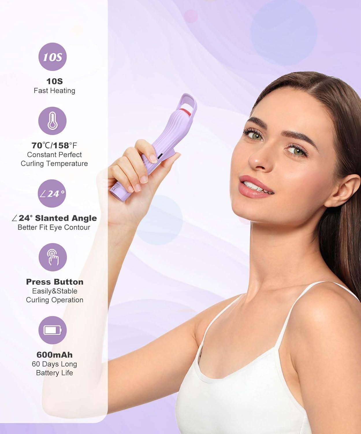Rechargeable Heated Eyelash Curler Violet 24-Hour Lift Silicone Pad 600mAh Battery - Image 2