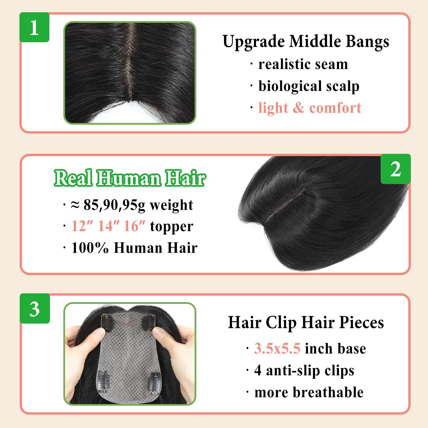 12 Inch 360° 3D Human Hair Topper for Women with Thinning Hair - Image 3