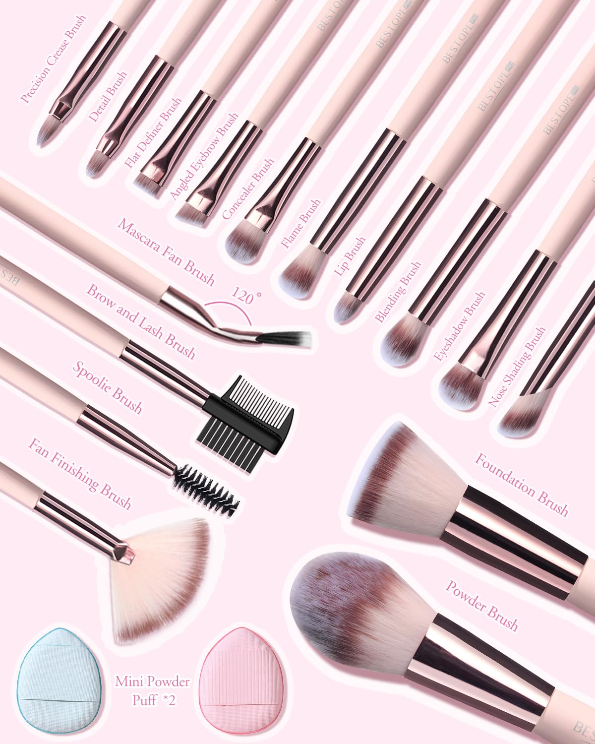 20 Piece Pink Travel Makeup Brush Set with LED Light Mirror and 2 Powder Puffs - Image 6