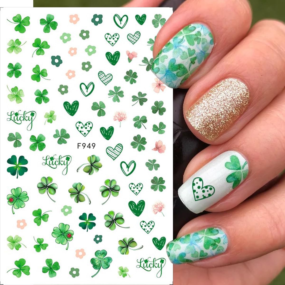 8 Sheets of St Patrick’s Day Nail Art Stickers with 3D Shamrock and Clover Designs - Image 3