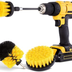 HIWARE Drill Brush Attachment Set, Yellow, Plastic Handle, 3 Sized Brush Heads for Cleaning Bathtub, Shower, Floor, Carpet, Kitchen, Bathroom, and More