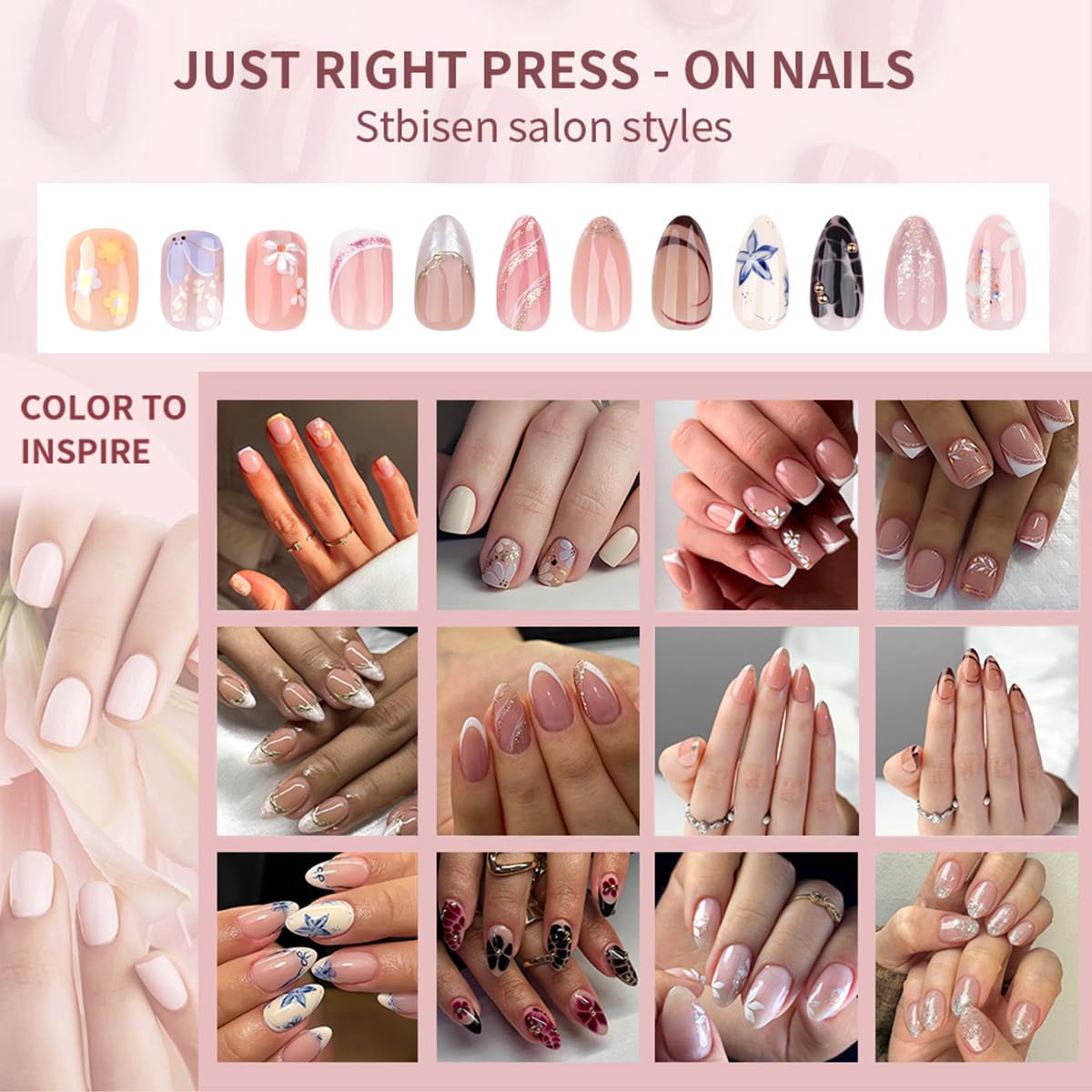 24 Pcs Short Almond Nude Press On Nails Kit with Gold Glitter and Floral Design - Image 6
