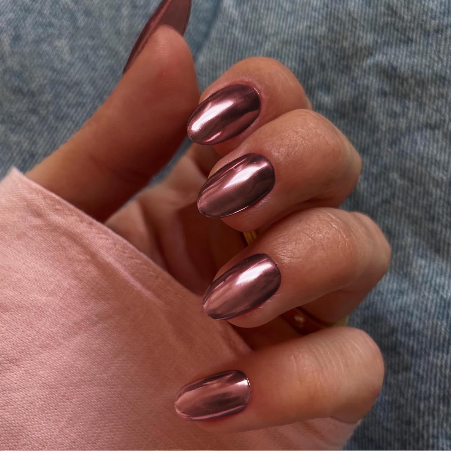 Rose Red Chrome Short Almond Press On Nails 24Pcs Metallic Acrylic Glue On Women - Image 2