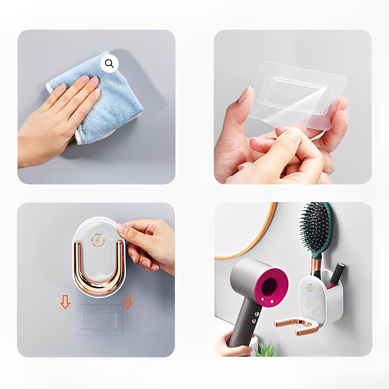 White Bathroom Wall Mount Hair Dryer Holder Organizer with Caddy and Plug Hook - Image 3