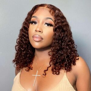 Chocolate Brown 5x5 HD Lace Deep Wave Closure Wigs Human Hair Glueless Wear and Go Curly BOB Wigs Human Hair Colored Wigs for Black Women #4 Pre Plucked Wet and Wavy Wig 200 Density 14 Inch