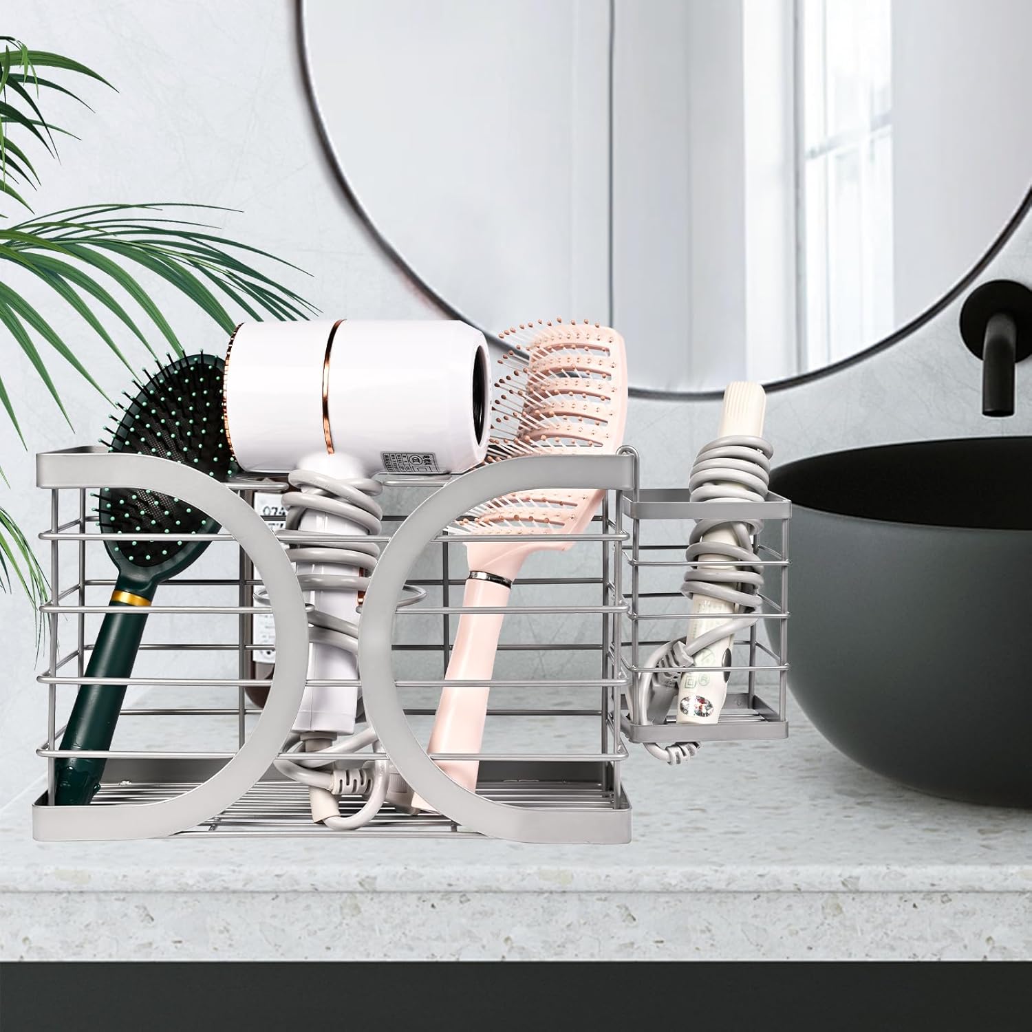 Light Gray Elegant Wall Mounted Hair Dryer Holder Bathroom Organizer for Dryer, Straightener, Brushes - Image 7