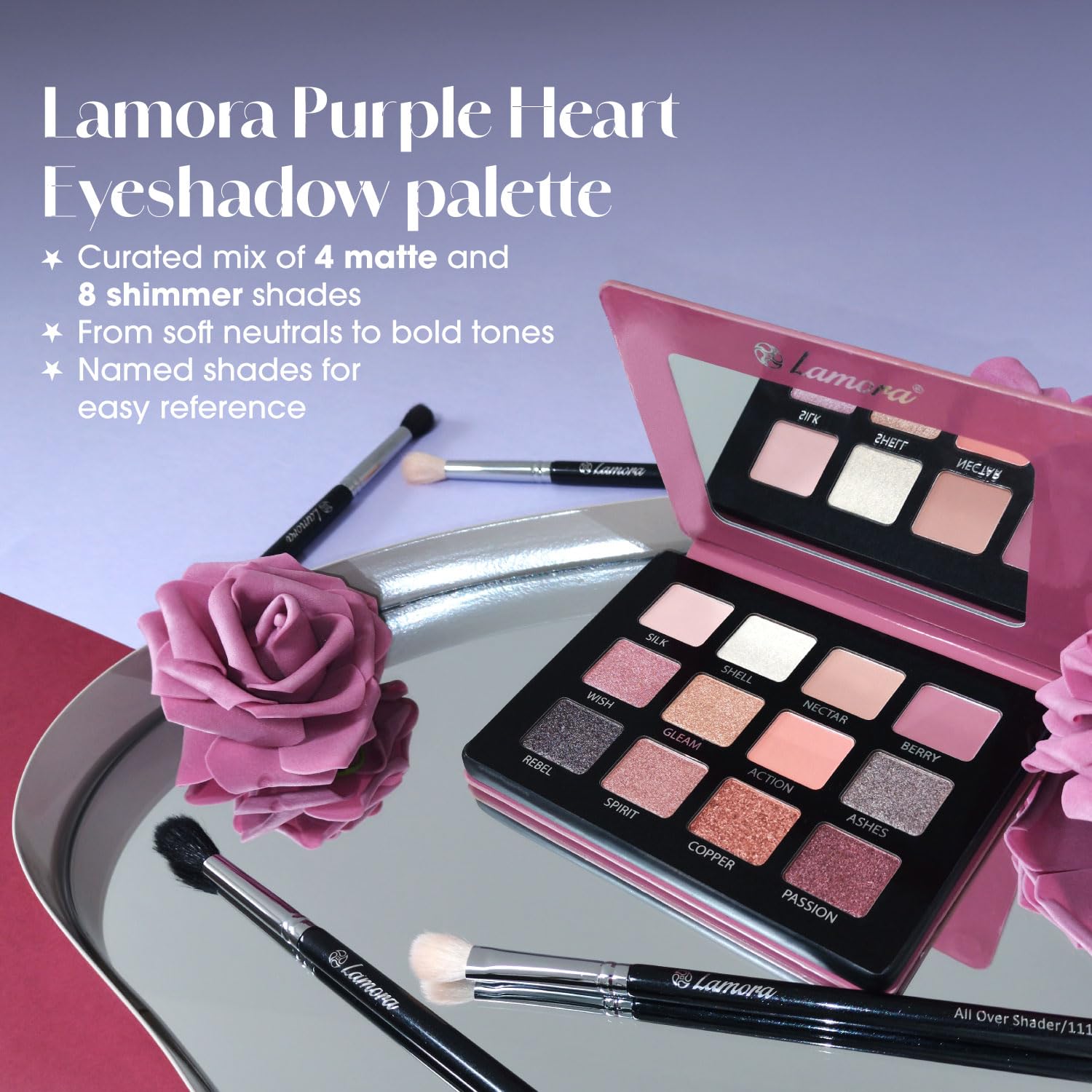 Lamora Nude Pink Eyeshadow Palette 12 Rose Pigmented Shimmer Matte Shades Compact Mirror - Image 7