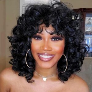 Black Short Curly Wigs Human Hair for Black Women with Bangs Heat Resistant for Daily Use Breathable Capless
