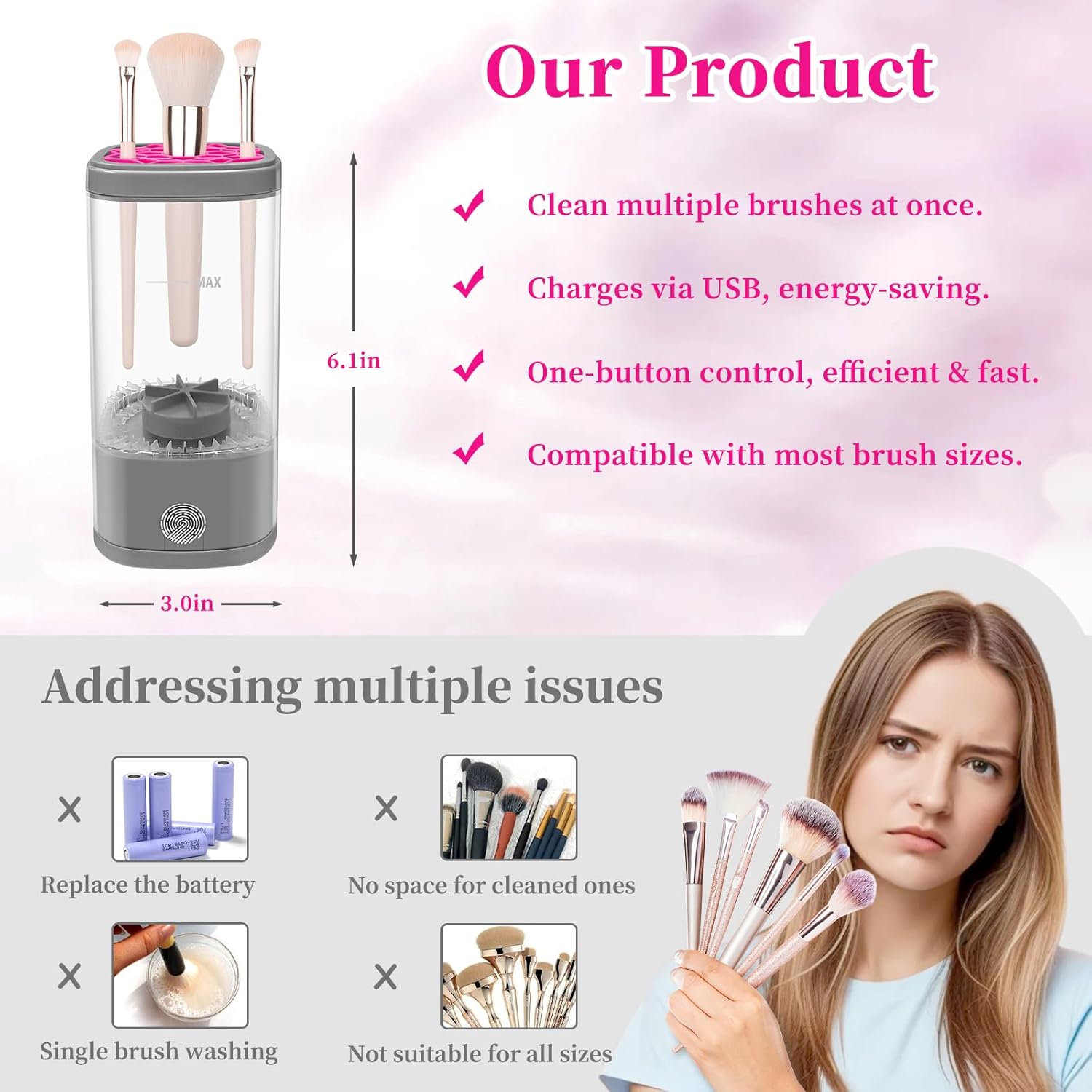 Automatic Electric Makeup Brush Cleaner Machine Gray Pink for All Brush Types - Image 4