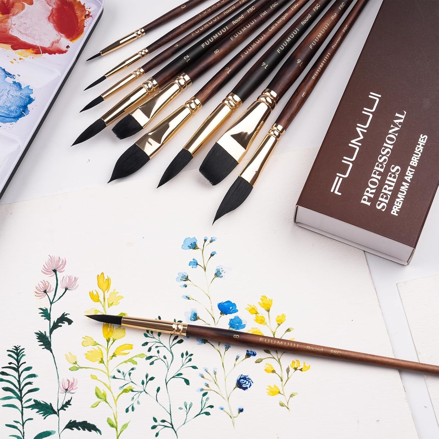 Fuumuui 10-Piece Professional Squirrel Hair Watercolor Brush Set for Artists - Image 9