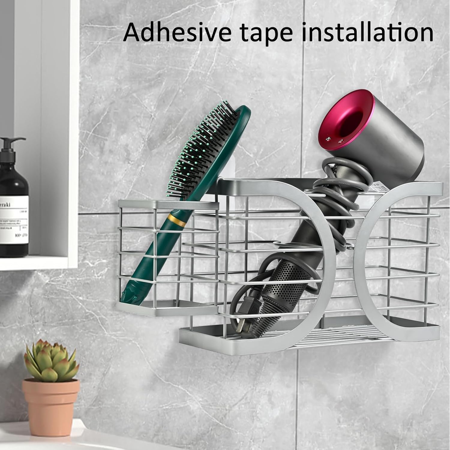 Light Gray Elegant Wall Mounted Hair Dryer Holder Bathroom Organizer for Dryer, Straightener, Brushes - Image 3