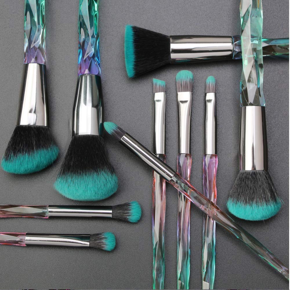 10 Piece Crystal Handle Makeup Brush Set with Kabuki, Foundation, and Eye Brushes - Green - Image 3