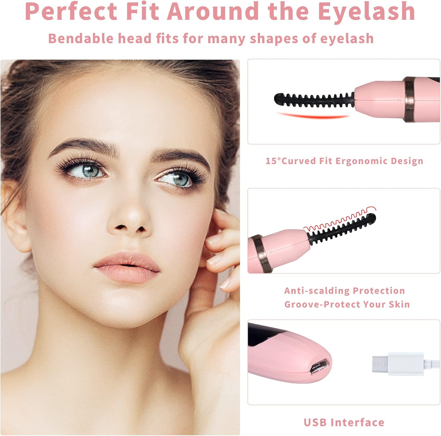 Pink Heated Eyelash Curler with Comb for Natural Curls 3 Temp Settings - Image 4