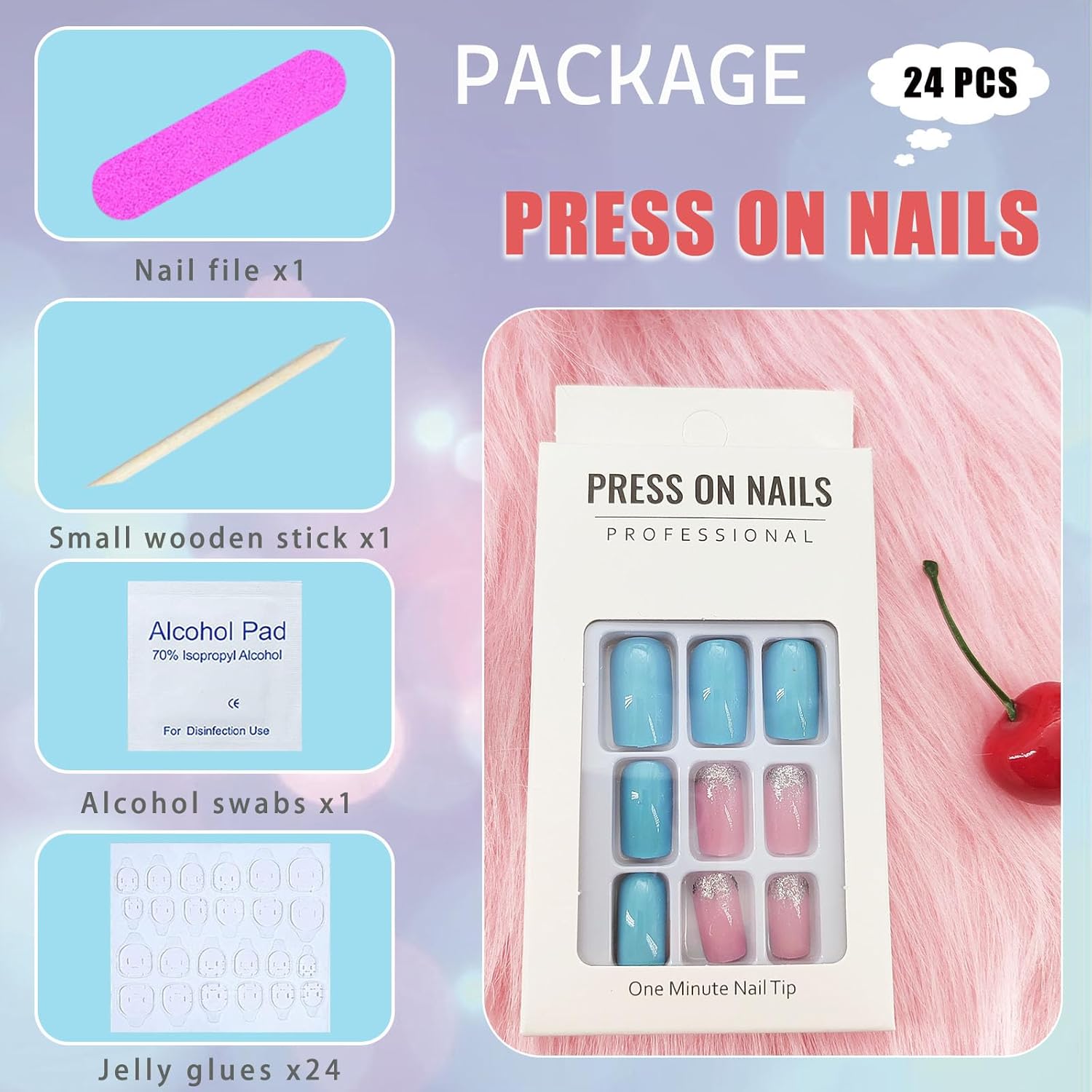 Summer Glitter Acrylic Square Press on Nails Medium Length 24 Pcs - Image 6