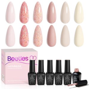 beetles Gel Nail Polish 6 Colors, Pink Champagne Glitter Gel Nail Kit Old Money Collection Nude Pink Cream Color Soak Off UV LED Nail Polish Manicure Kit for Women Girls