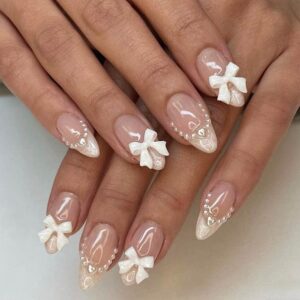 Almond Press on Nails French Tip Medium Fake Nails with White Pearls Bow Design French Press on False Nails Glossy Full Cover Acrylic Nails Pink Almond Shaped Artificial Nails for Women Manicure 24Pcs