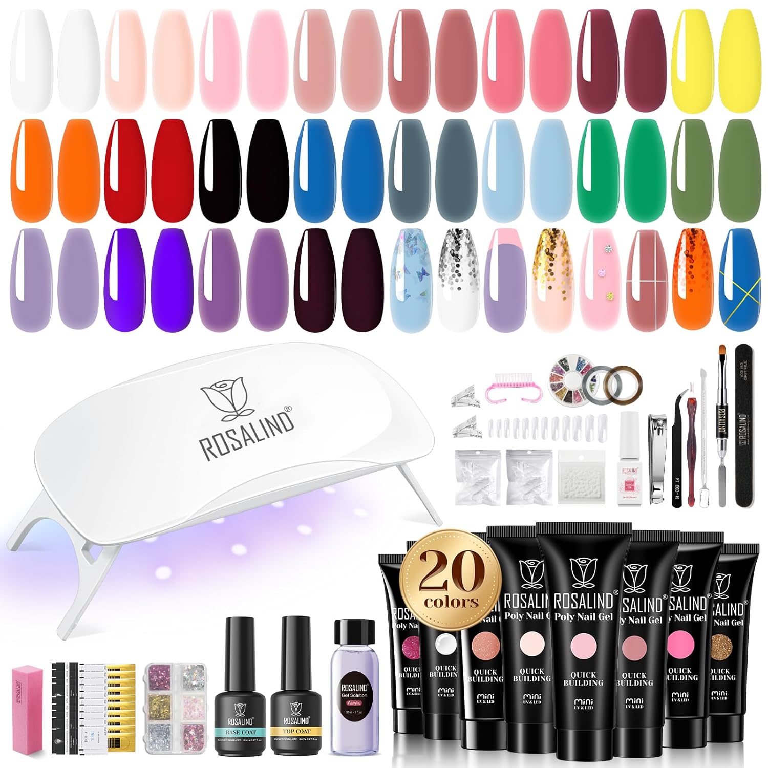 ROSALIND 20 Colors Poly Nail Gel Kit with Mini Nail Lamp Glitter Poly Nail Gel Kit Collection with Tools Clear Spring Summer Halloween Starter Kit